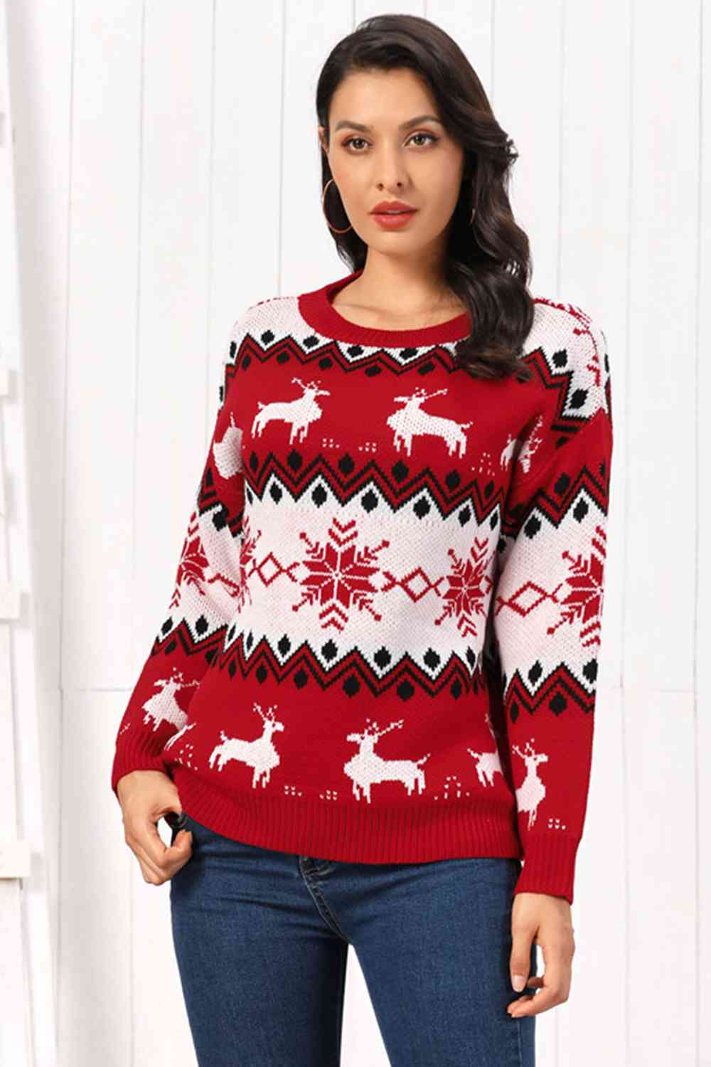 Reindeer Round Neck Sweater BLUE ZONE PLANET