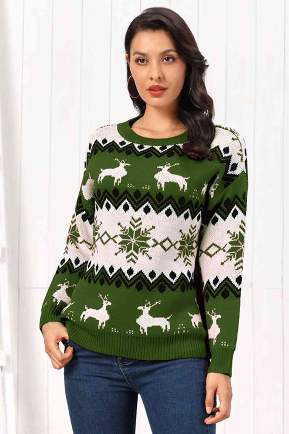 Reindeer Round Neck Sweater BLUE ZONE PLANET