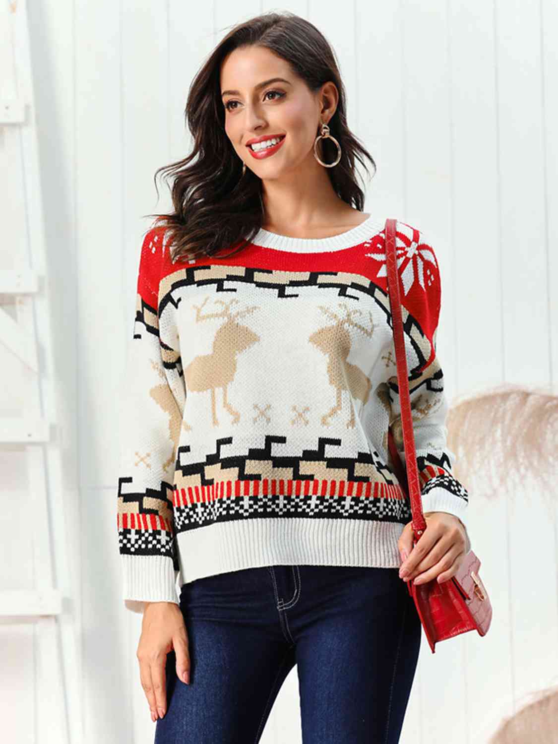 Reindeer Round Neck Sweater BLUE ZONE PLANET