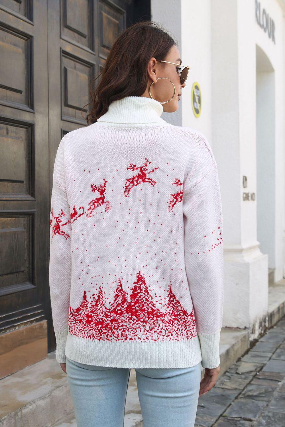Reindeer & Snow Pattern Turtle Neck Pullover Sweater BLUE ZONE PLANET
