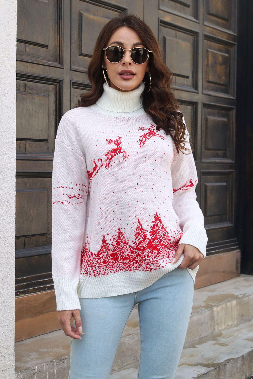 Reindeer & Snow Pattern Turtle Neck Pullover Sweater BLUE ZONE PLANET