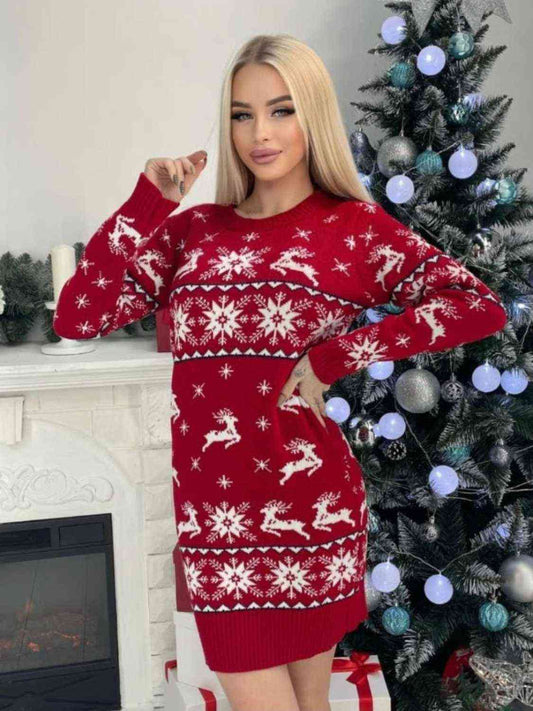 Reindeer & Snowflake Round Neck Sweater Dress-TOPS / DRESSES-[Adult]-[Female]-Deep Red-S-2022 Online Blue Zone Planet