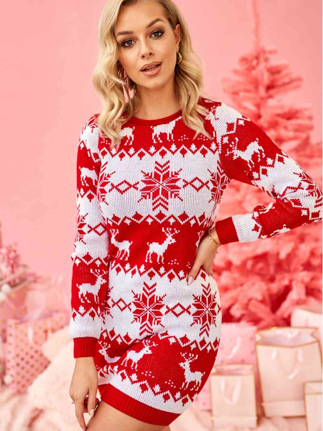 Reindeer & Snowflake Round Neck Sweater Dress-TOPS / DRESSES-[Adult]-[Female]-Red Orange-S-2022 Online Blue Zone Planet