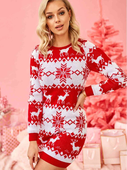 Reindeer & Snowflake Round Neck Sweater Dress-TOPS / DRESSES-[Adult]-[Female]-Red Orange-S-2022 Online Blue Zone Planet