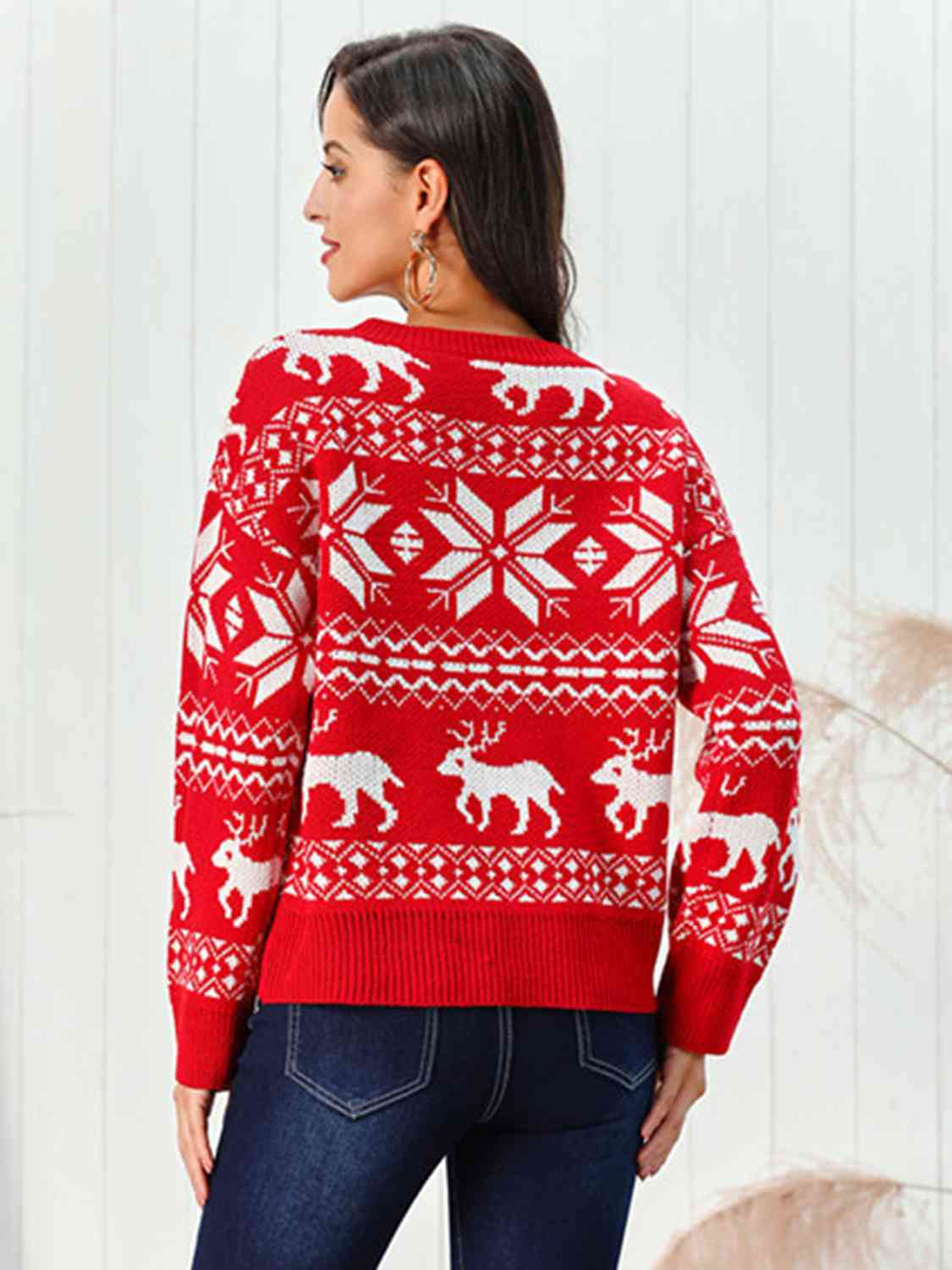 Reindeer & Snowflake Round Neck Sweater BLUE ZONE PLANET