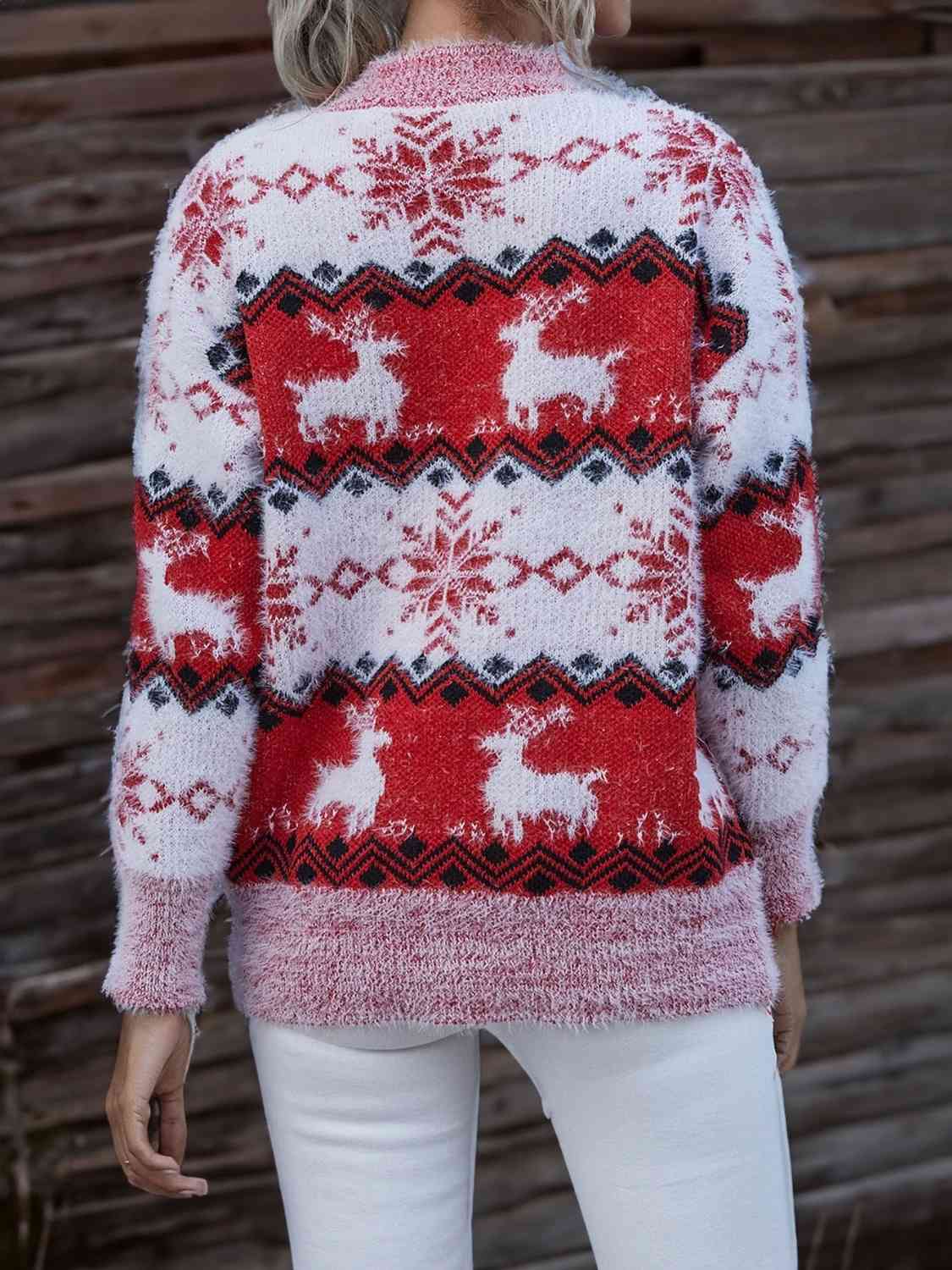 Reindeer & Snowflake Round Neck Sweater BLUE ZONE PLANET