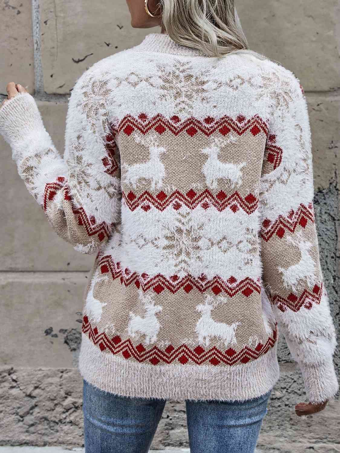 Reindeer & Snowflake Round Neck Sweater BLUE ZONE PLANET