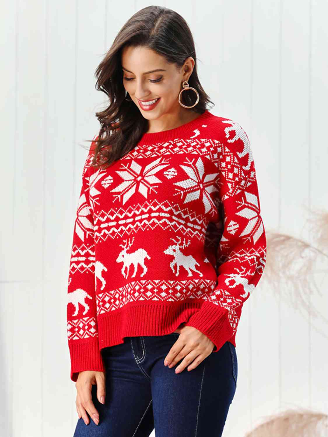 Reindeer & Snowflake Round Neck Sweater BLUE ZONE PLANET