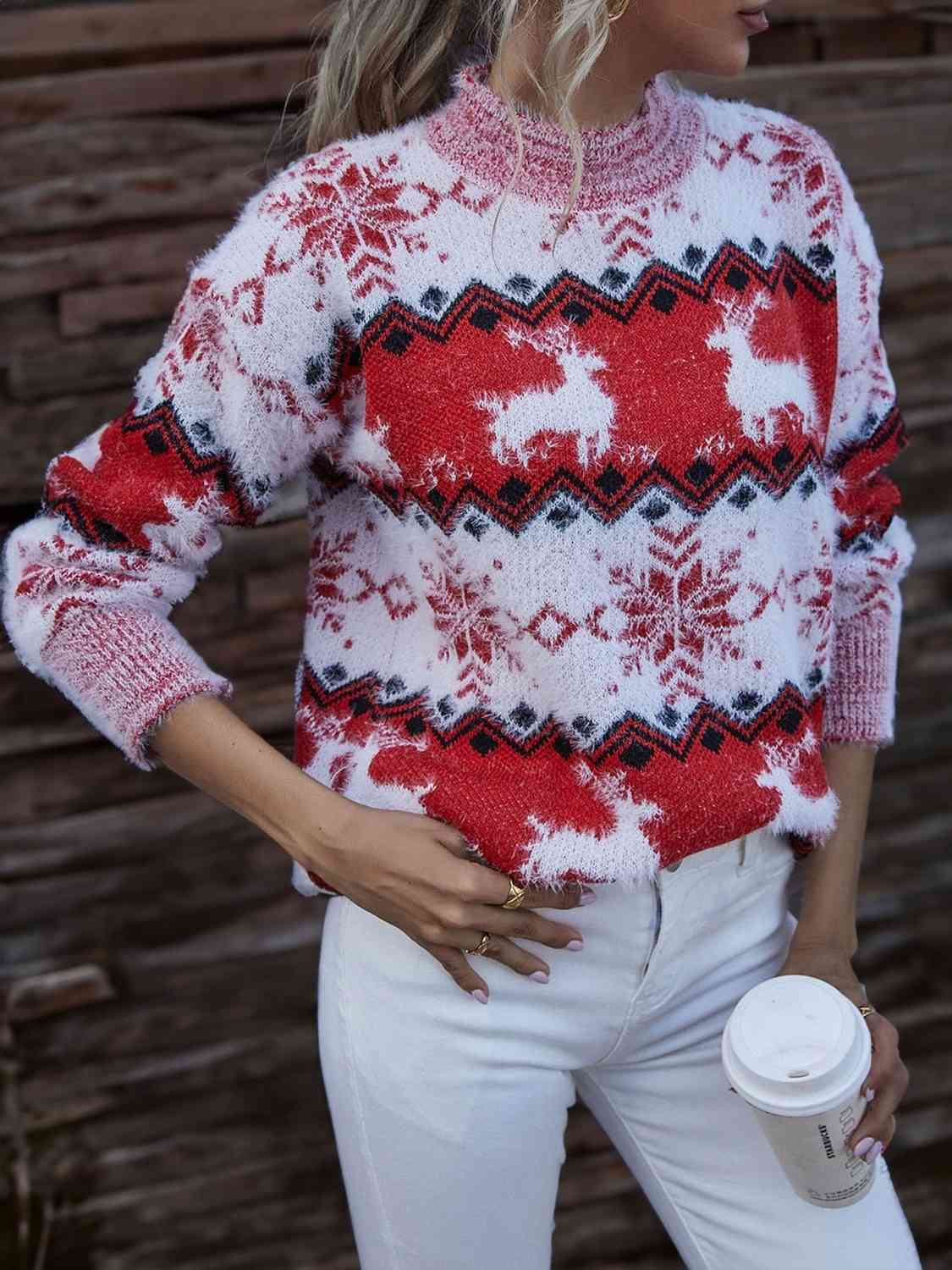 Reindeer & Snowflake Round Neck Sweater BLUE ZONE PLANET