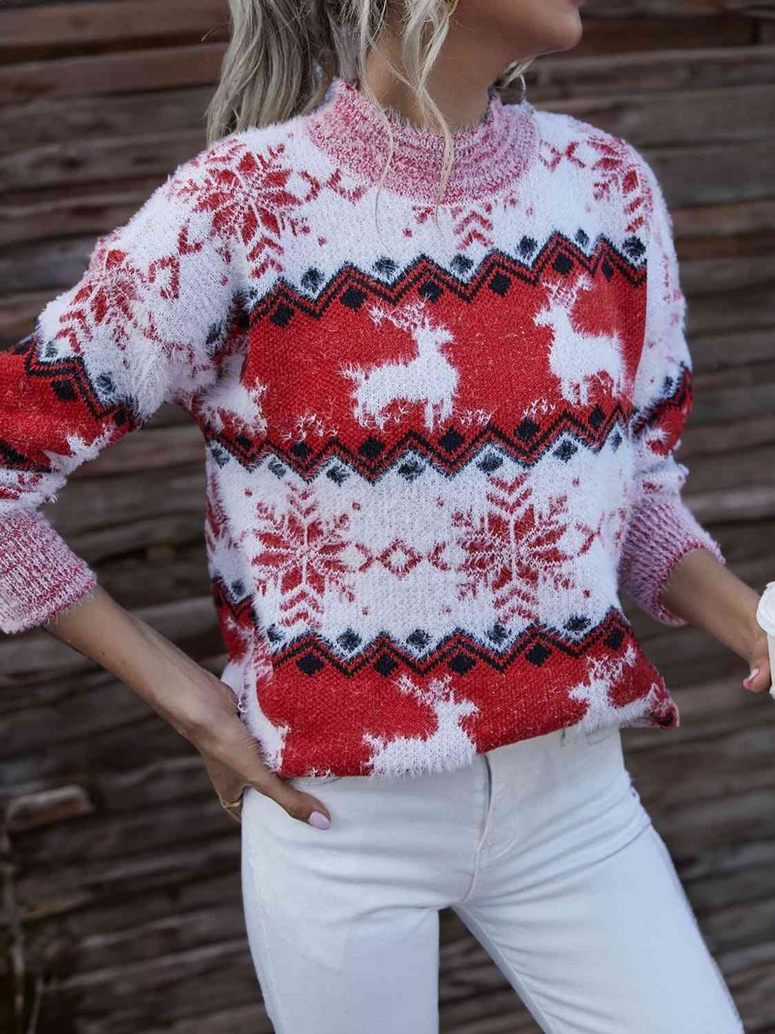 Reindeer & Snowflake Round Neck Sweater BLUE ZONE PLANET