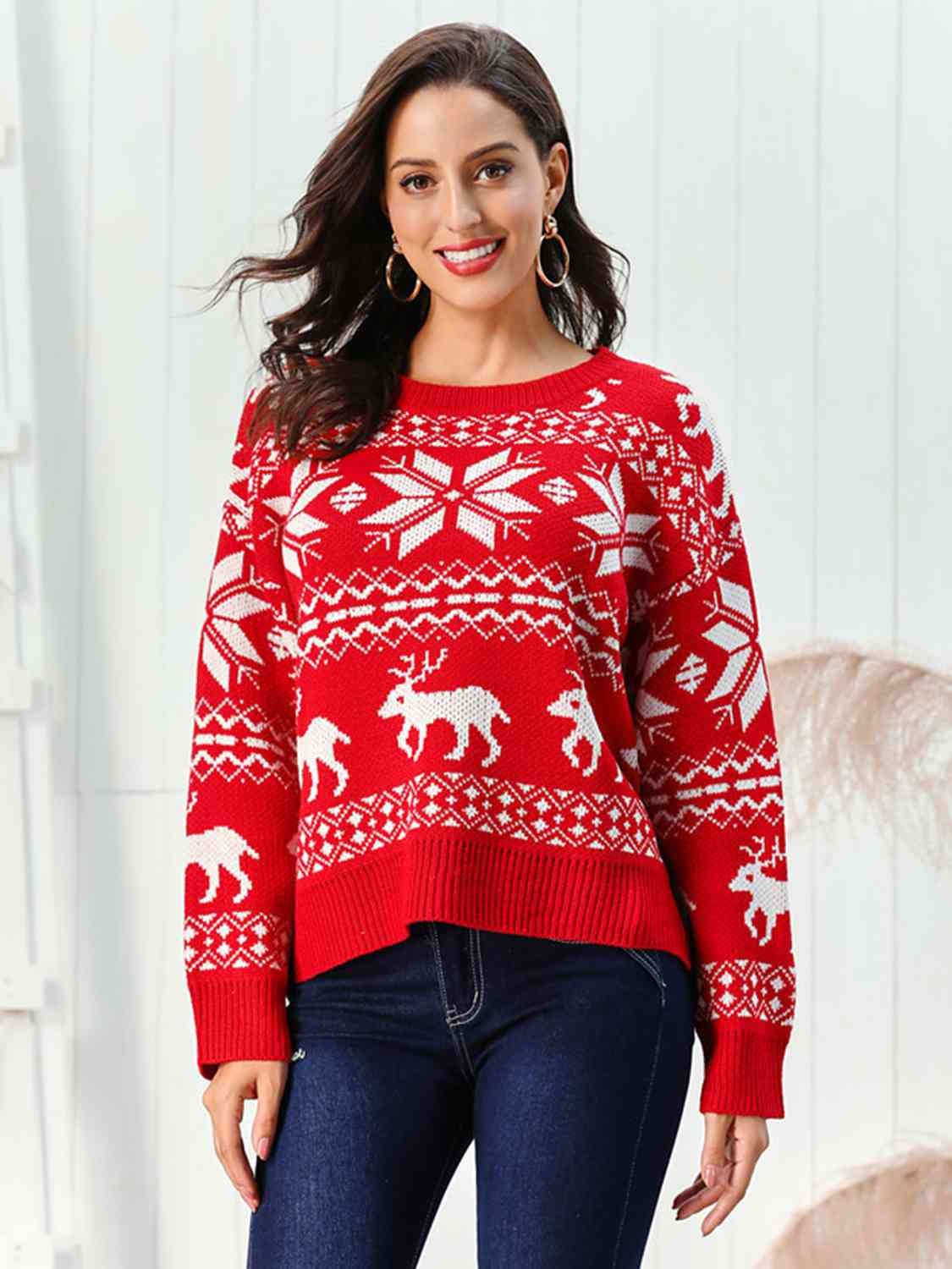 Reindeer & Snowflake Round Neck Sweater BLUE ZONE PLANET