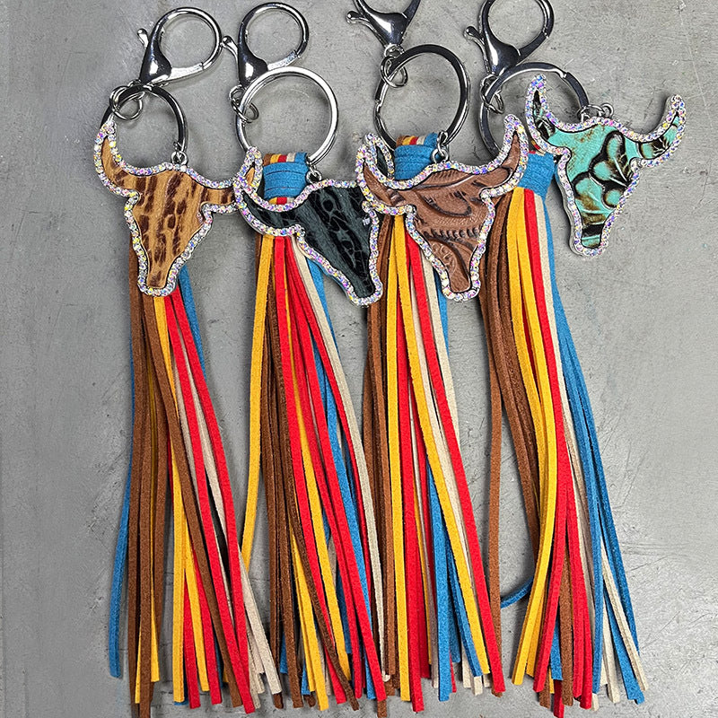 RHINESTONE COW SKULL KEYCHAIN WITH TASSEL