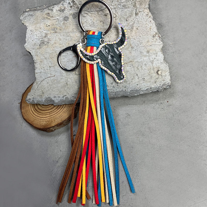 Rhinestone Bull Keychain with Tassel BLUE ZONE PLANET