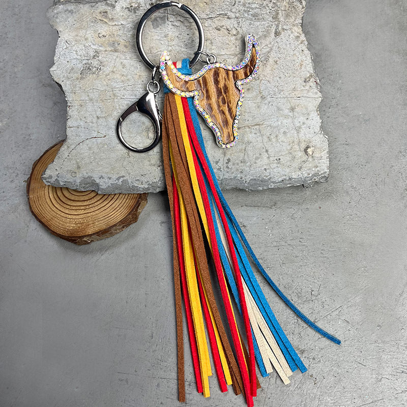 Rhinestone Bull Keychain with Tassel BLUE ZONE PLANET