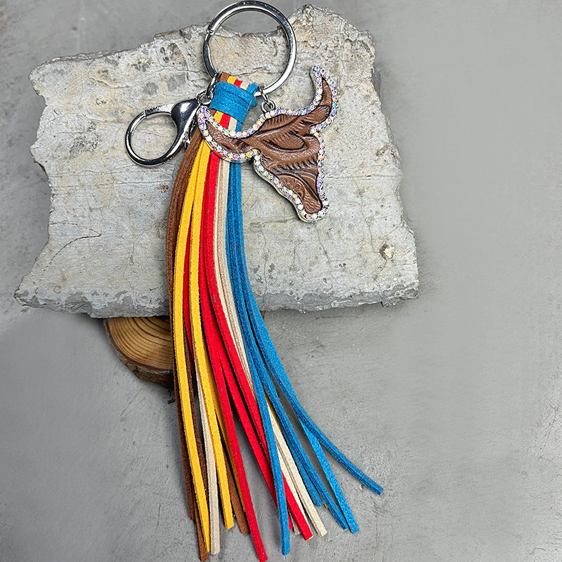 Rhinestone Bull Keychain with Tassel BLUE ZONE PLANET