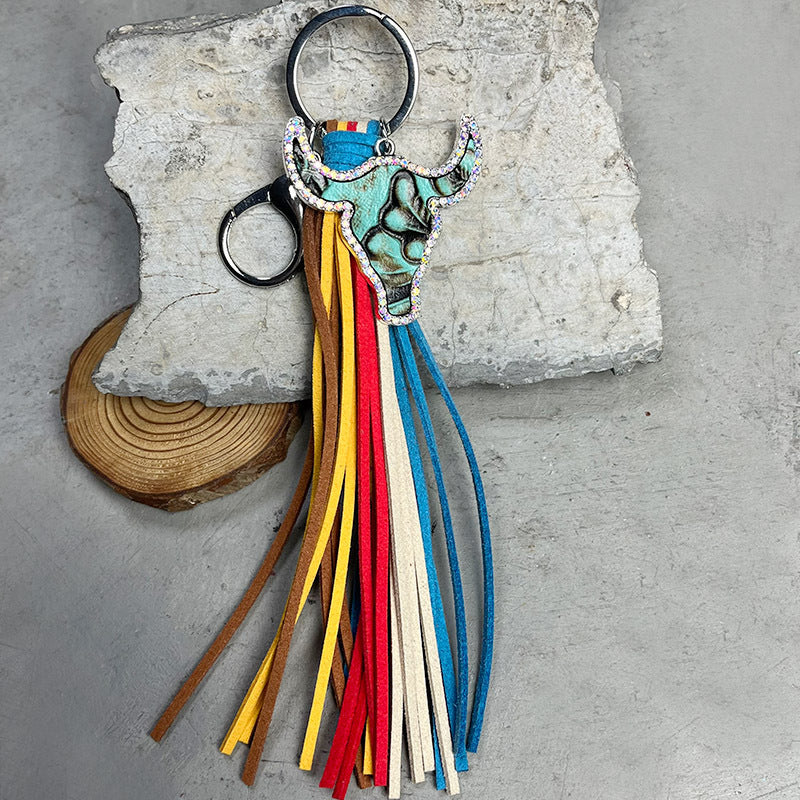 Rhinestone Bull Keychain with Tassel BLUE ZONE PLANET