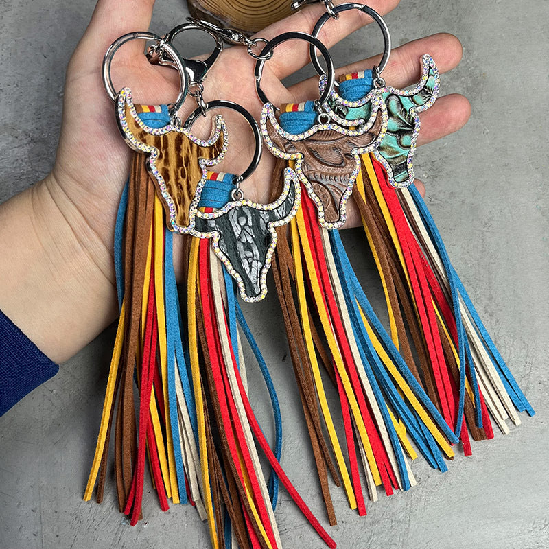 Rhinestone Bull Keychain with Tassel BLUE ZONE PLANET