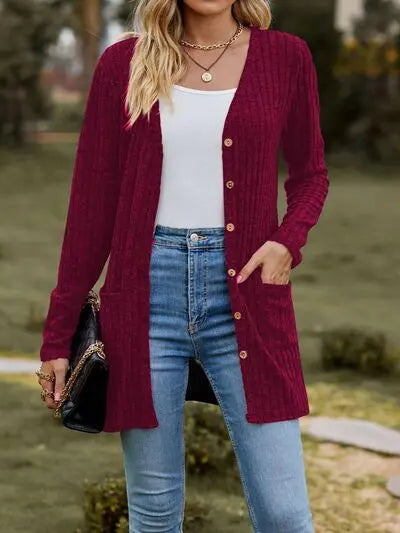 Ribbed Button Up Long Sleeve Cardigan Trendsi