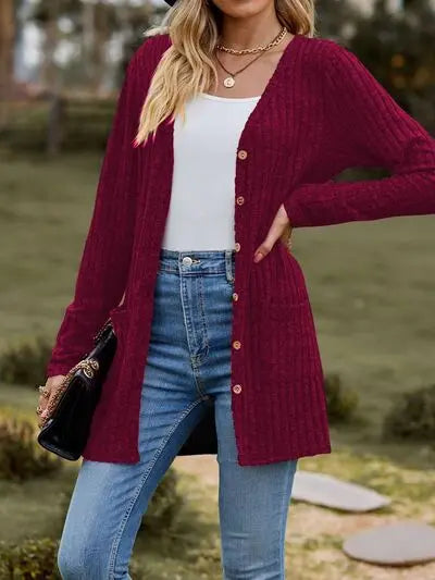 Ribbed Button Up Long Sleeve Cardigan Trendsi