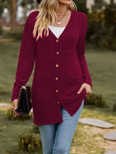 Ribbed Button Up Long Sleeve Cardigan Trendsi