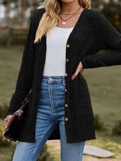 Ribbed Button Up Long Sleeve Cardigan Trendsi