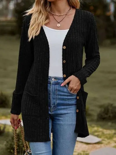 Ribbed Button Up Long Sleeve Cardigan Trendsi