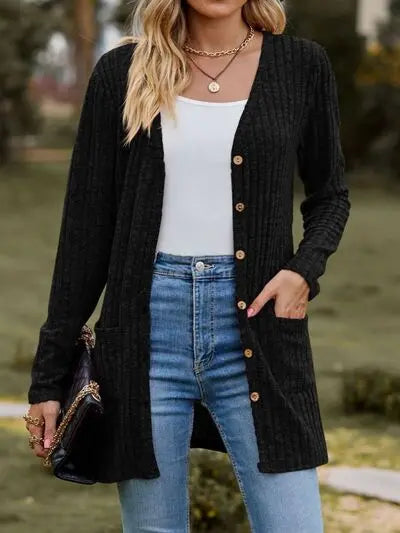 Ribbed Button Up Long Sleeve Cardigan Trendsi