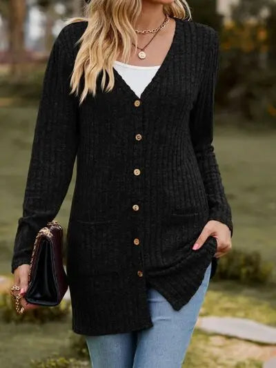 Ribbed Button Up Long Sleeve Cardigan Trendsi