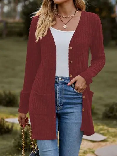 Ribbed Button Up Long Sleeve Cardigan Trendsi