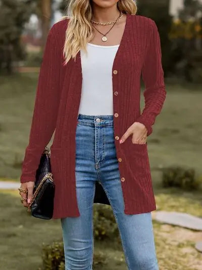 Ribbed Button Up Long Sleeve Cardigan Trendsi