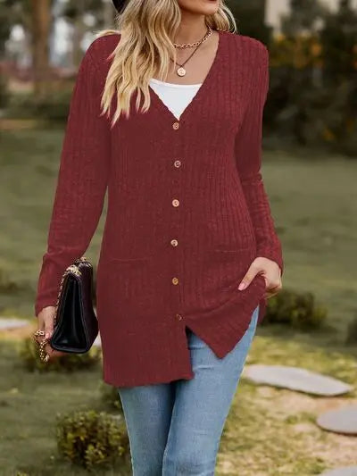 Ribbed Button Up Long Sleeve Cardigan Trendsi