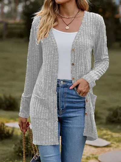 Ribbed Button Up Long Sleeve Cardigan Trendsi