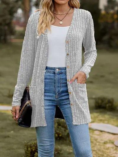 Ribbed Button Up Long Sleeve Cardigan Trendsi