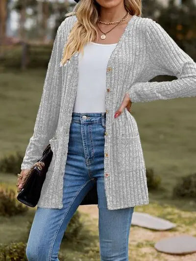 Ribbed Button Up Long Sleeve Cardigan Trendsi