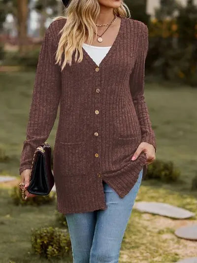 Ribbed Button Up Long Sleeve Cardigan Trendsi