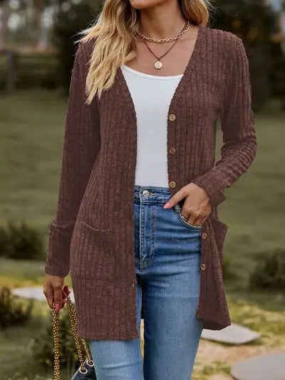 Ribbed Button Up Long Sleeve Cardigan Trendsi