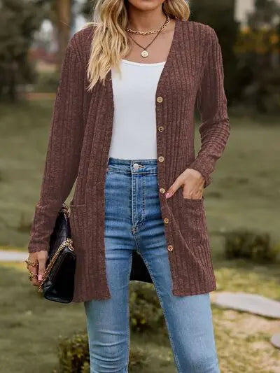 Ribbed Button Up Long Sleeve Cardigan Trendsi