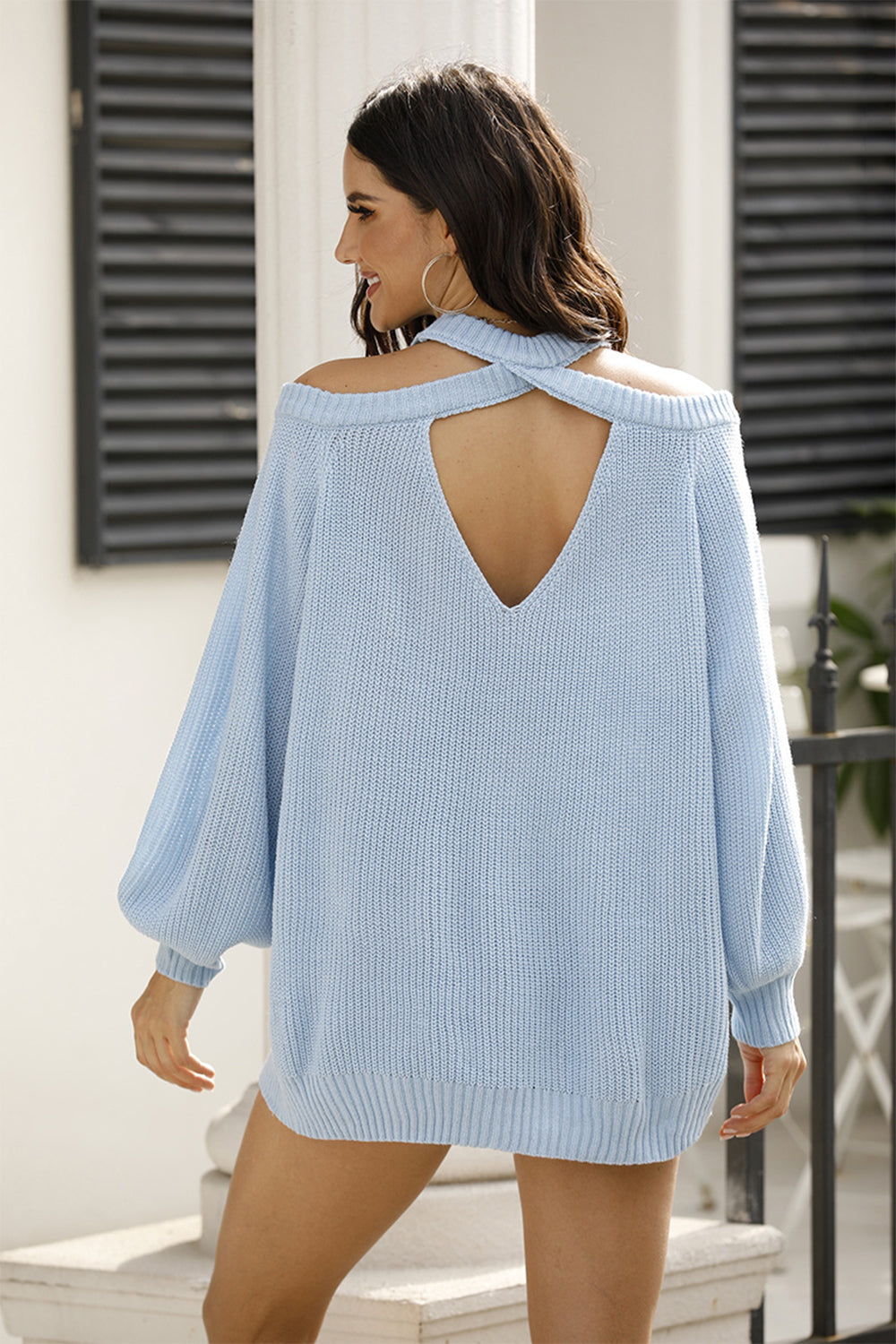 Ribbed Long Sleeve Cold Shoulder Knit Top BLUE ZONE PLANET