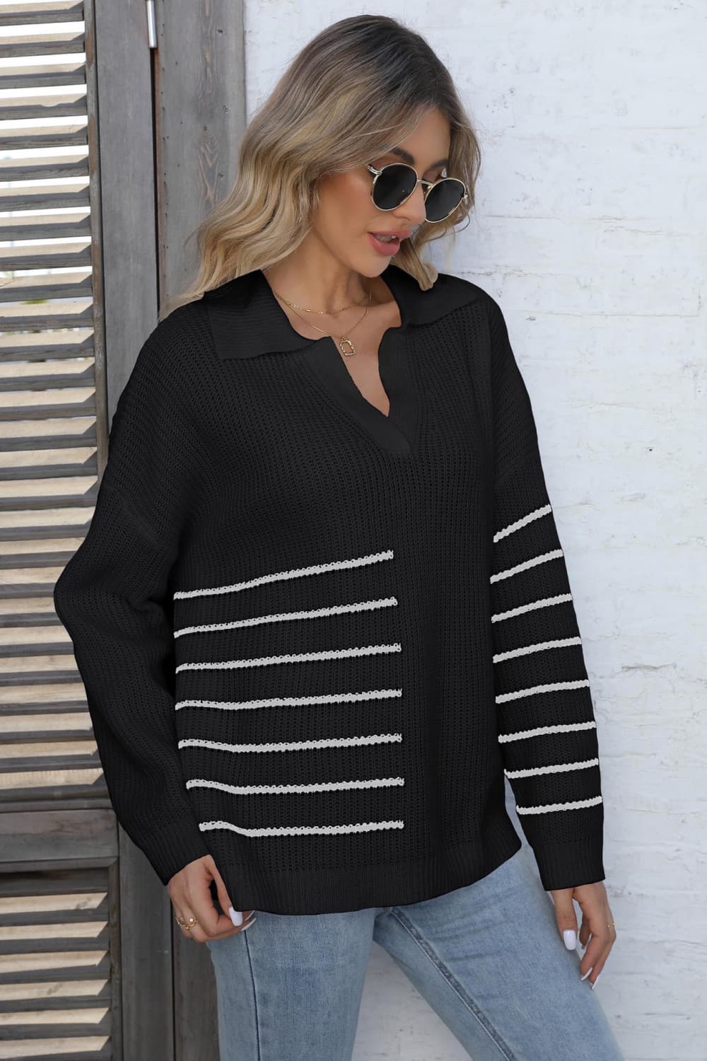 Ribbed Notched Neck Striped Long Sleeve Sweater BLUE ZONE PLANET