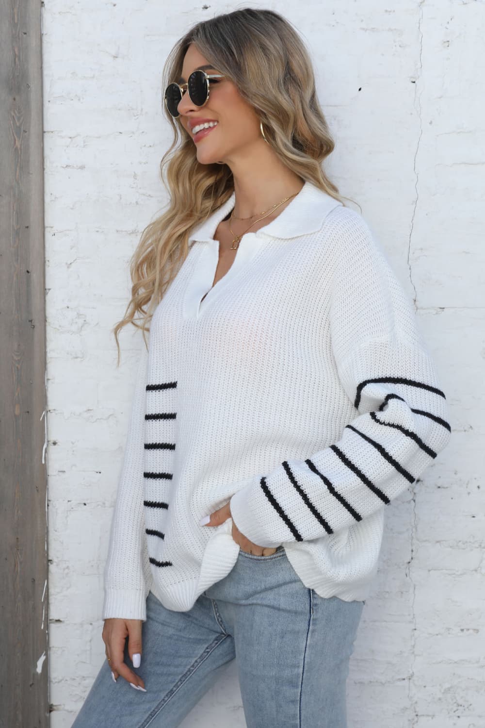 Ribbed Notched Neck Striped Long Sleeve Sweater BLUE ZONE PLANET