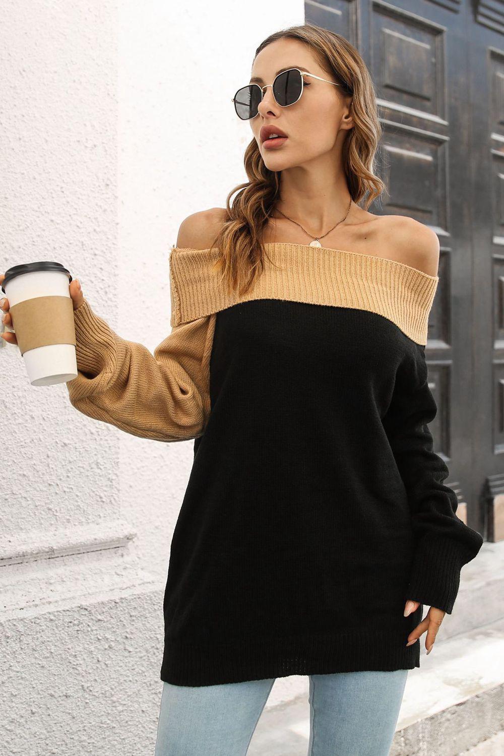 Ribbed Off-Shoulder Lantern Sleeve Pullover Sweater BLUE ZONE PLANET