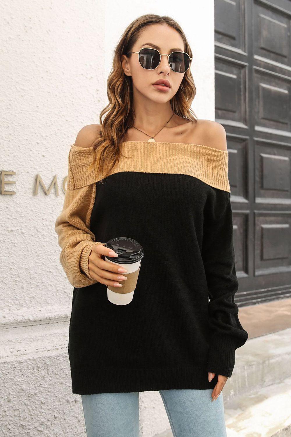 Ribbed Off-Shoulder Lantern Sleeve Pullover Sweater BLUE ZONE PLANET