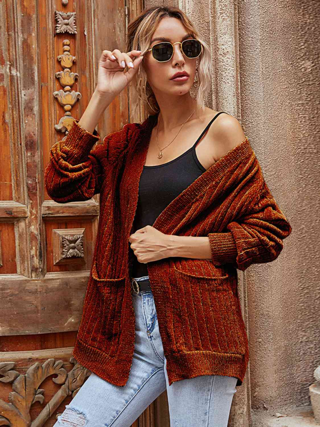 Ribbed Open Front Long Sleeve Cardigan with Pockets BLUE ZONE PLANET