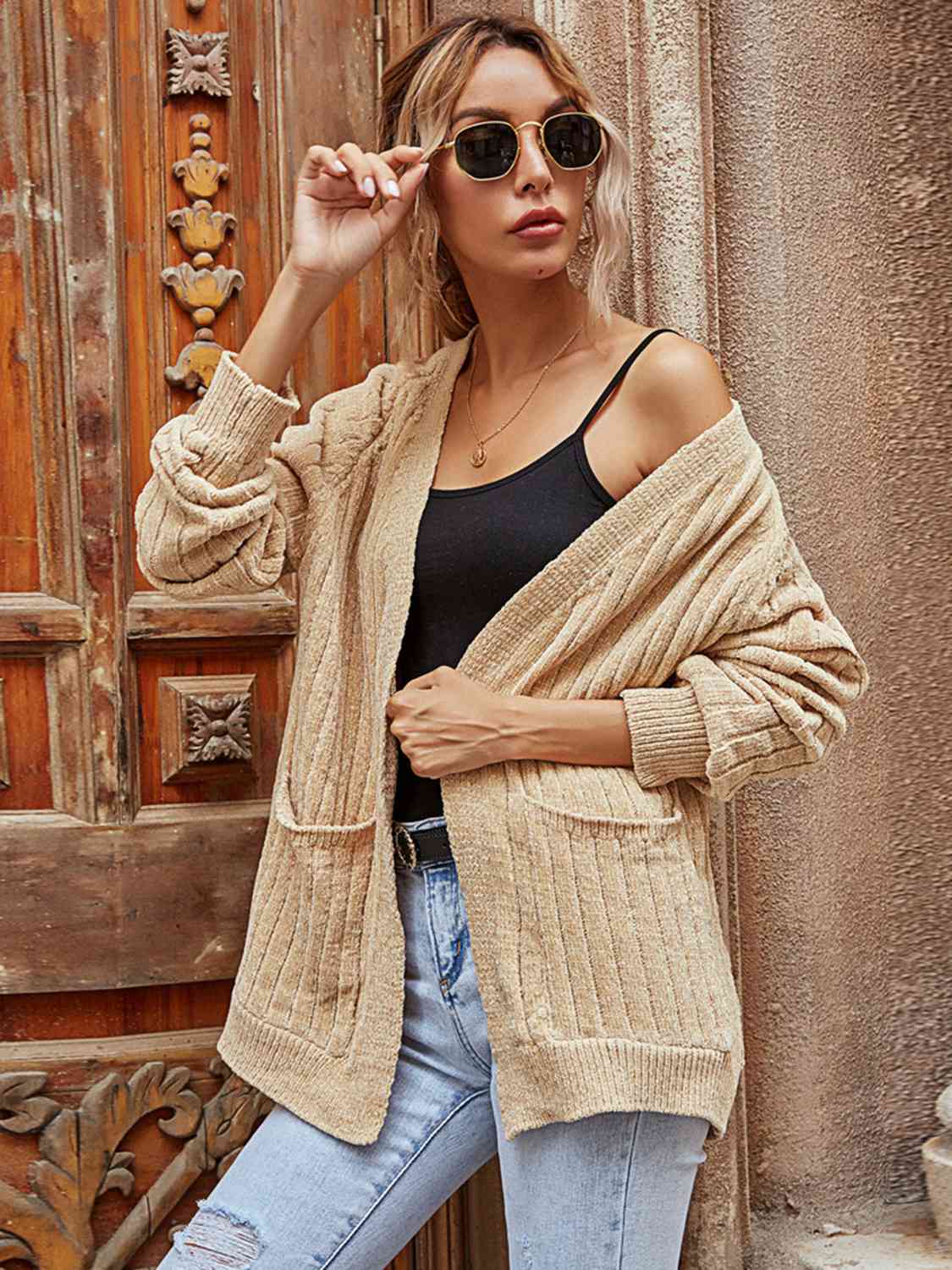 Ribbed Open Front Long Sleeve Cardigan with Pockets BLUE ZONE PLANET