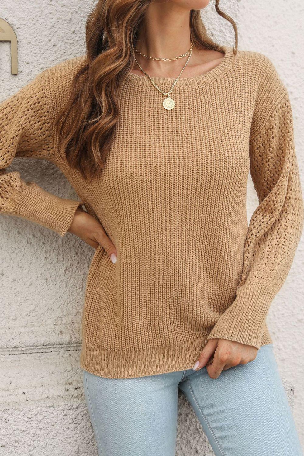 Ribbed Openwork Sleeve Round Neck Pullover Sweater BLUE ZONE PLANET