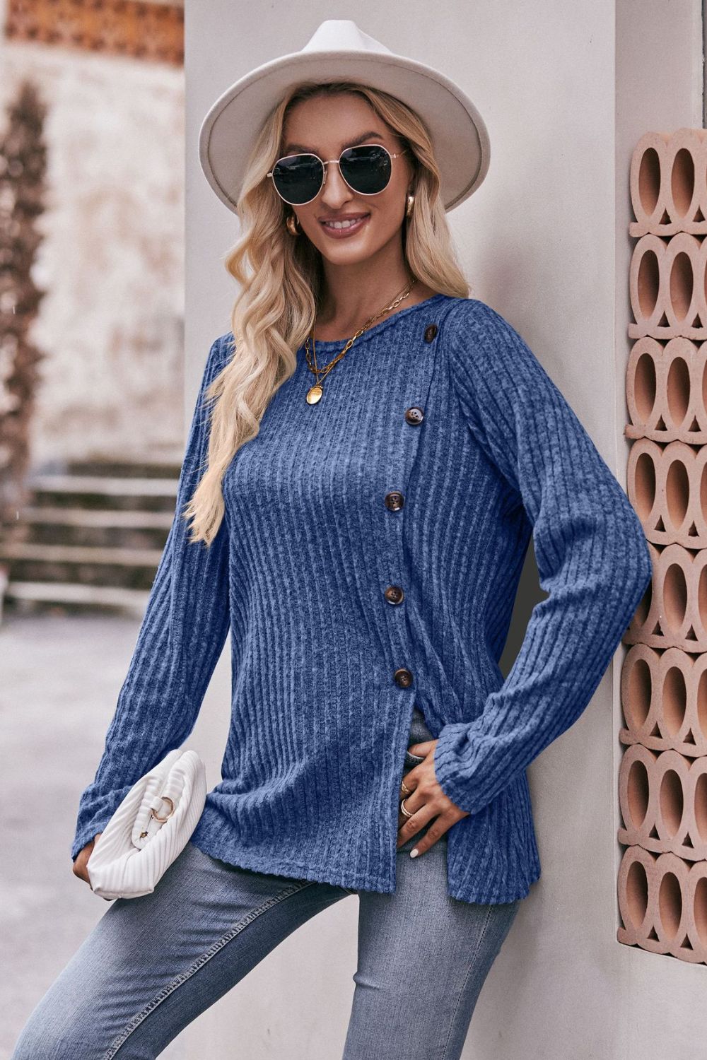 Ribbed Round Neck Buttoned Tee BLUE ZONE PLANET