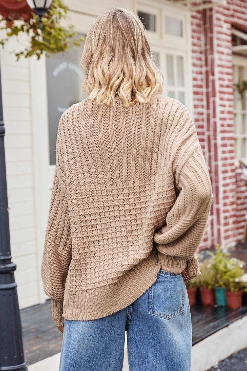 Ribbed Round Neck Dropped Shoulder Sweater BLUE ZONE PLANET