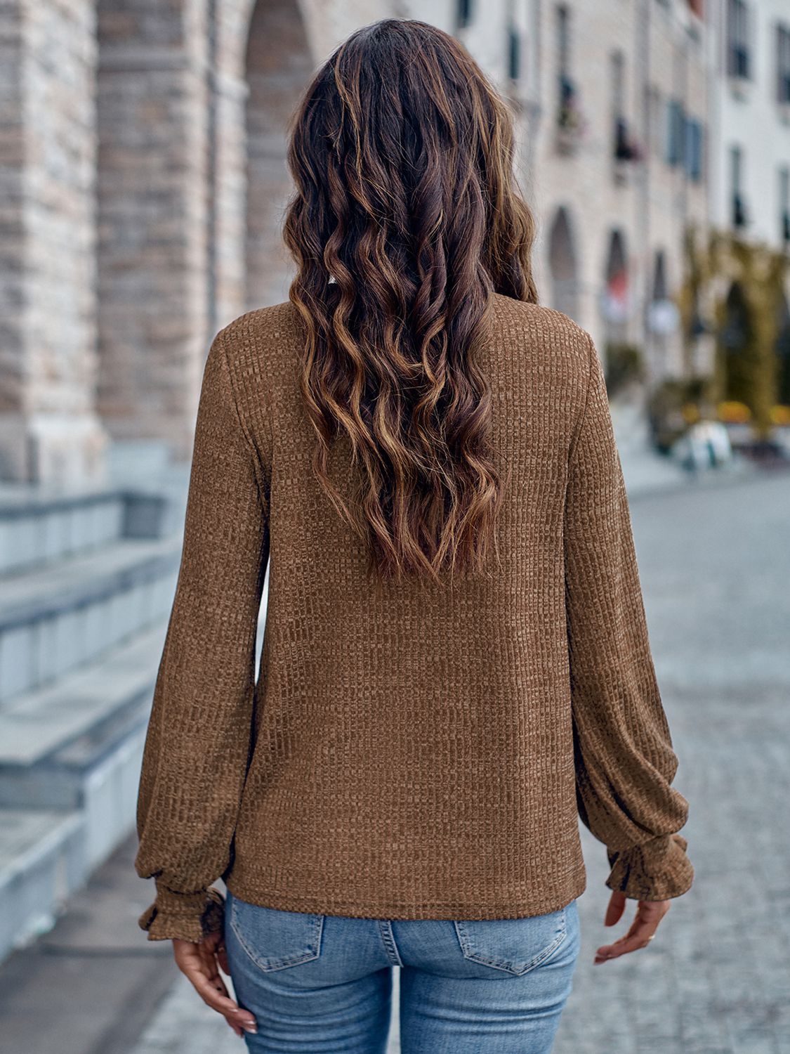 Ribbed Round Neck Flounce Sleeve Blouse BLUE ZONE PLANET