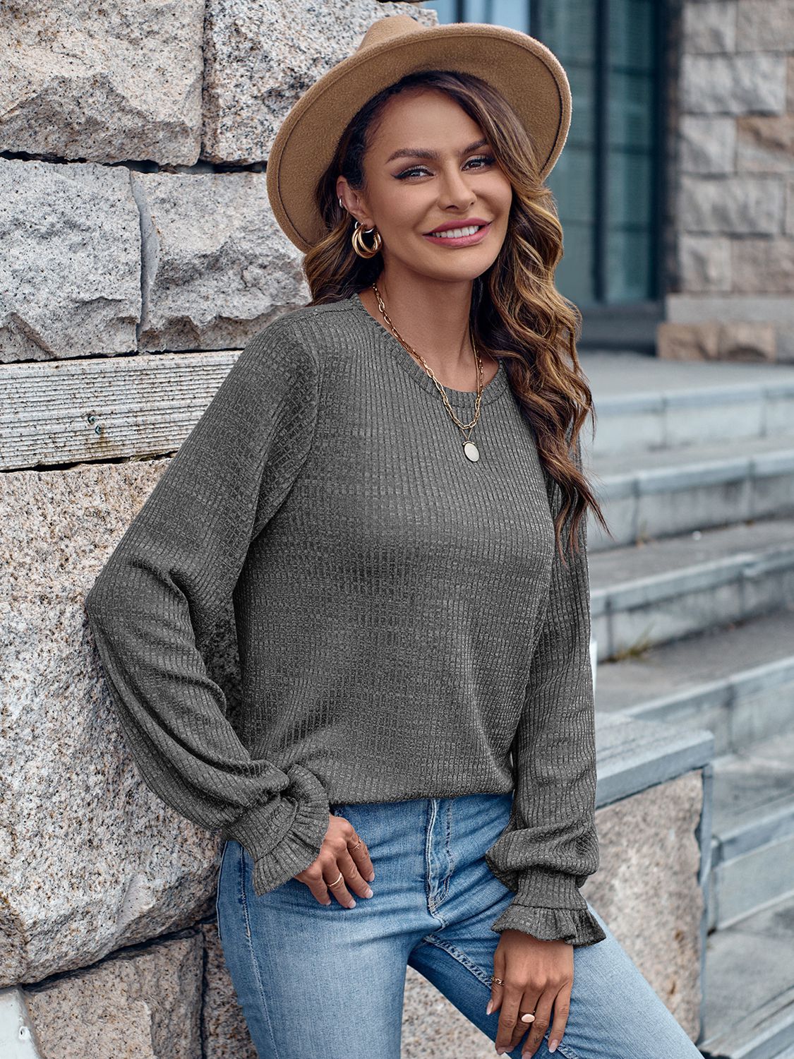 Ribbed Round Neck Flounce Sleeve Blouse BLUE ZONE PLANET