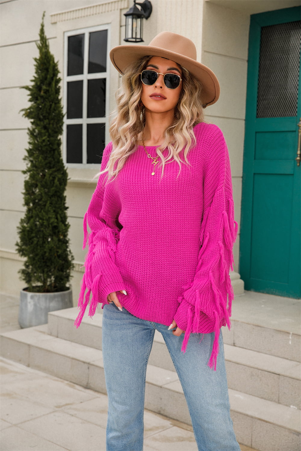 Ribbed Round Neck Fringe Detail Sweater BLUE ZONE PLANET